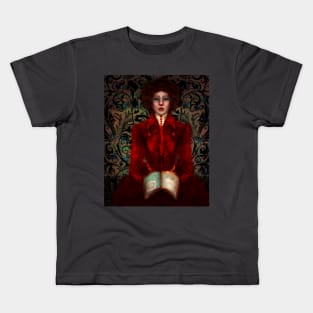 Dark Academia Lowbrow Art Portrait of Historical Ruby Red Fashion Illustration of Librarian Holding Illuminated Manuscript Kids T-Shirt